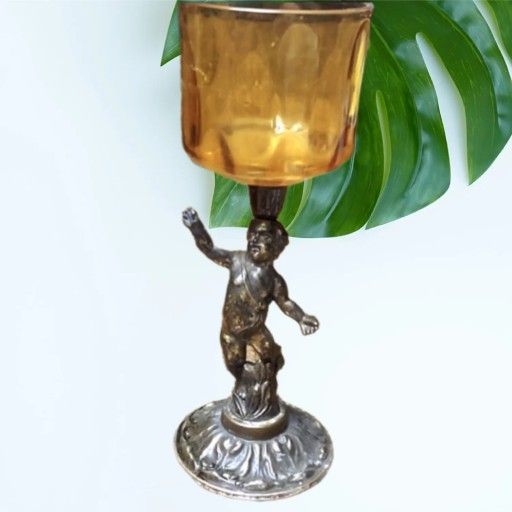 Cherub Brass & Amber Glass Candle Holder Vintage 