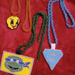 Handmade glass bead necklaces, keychains and logos