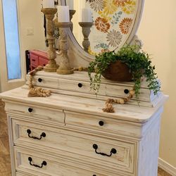 Farmhouse/ French Country Cottage/Cottage Entryway Buffet/ Dresser With Mirror Heavy Distressed With 8 Drawers 