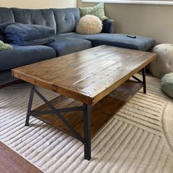 Solid Wood & Black Metal Coffee Table