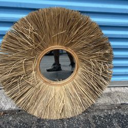 30” Boho Beach Coastal Straw Grass Starburst Rattan Circle Wall Hanging Tiki Mirror! 