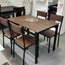 Metal Wood Walnut Dining Set 5-pieces