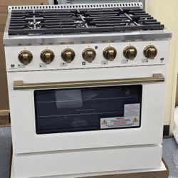 Brand new 36-in 6 burner gas range and white and brass Trim