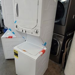 GE 24" WIDE APARTMENT SIZE TOP LOAD WASHER AND STACKABLE ELECTRIC 220VOLT DRYER SET SINGLE UNIT LAUNDRY CENTER 