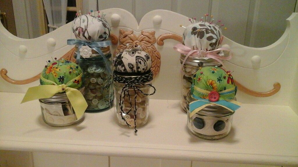Sewing Kits Pin Cushions Mason Jars Made by Crafter/Gift $5 each