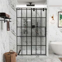 48 x 76” Shower Door - Black Grid Design - Tempered Glass