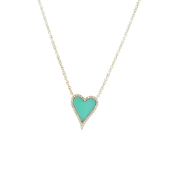 14K Yellow Gold Diamond Turquoise Heart Pendant & 14.75-18" Cable Chain