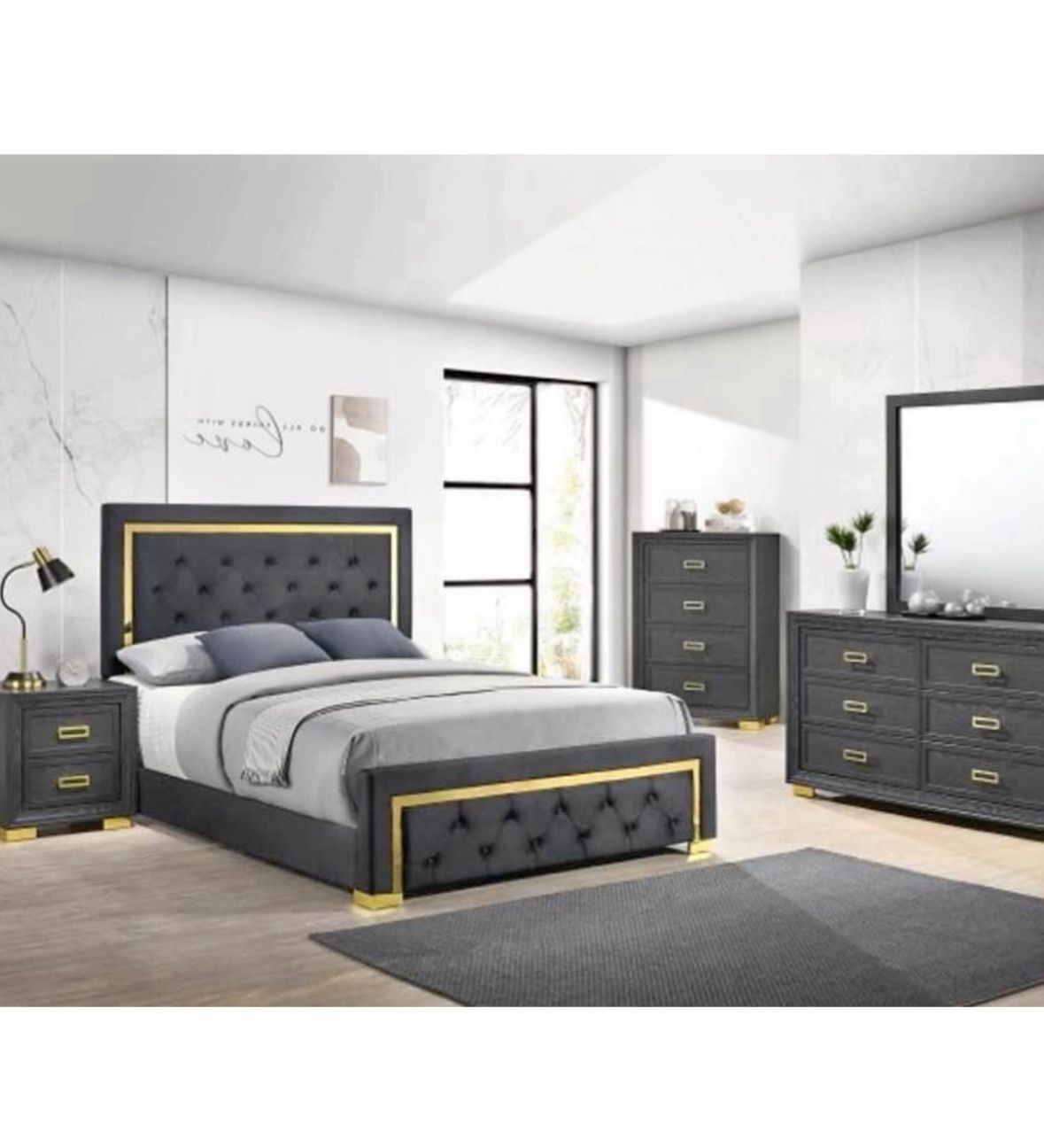4- Pc Bedroom set Dresser,Mirror Nightstand (1) Queen size bed frame Not including Mattress and Box Sp