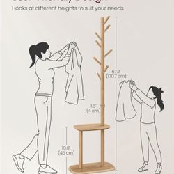 VASAGLE Coat Rack Free Standing Stand Hall Tree w/ 8 Hooks & Storage Shelf - Natural Beige