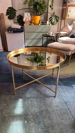 Round Gold Metal and Glass Coffee Table