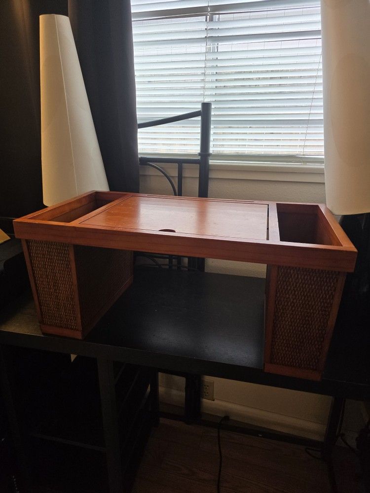 Vintage Rattan and Solid Wood Bed Tray w Magazine Storage and Lift Top