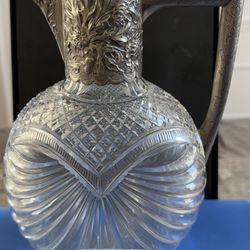  Antique English Victorian Sterling Silver &  Crystal-Cut Decanter ,Claret Jug,Please Check Out All Photos For More Details 
