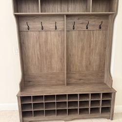 Modern Farmhouse Hall Tree – Weathered Gray | Coat Rack + Shoe Storage