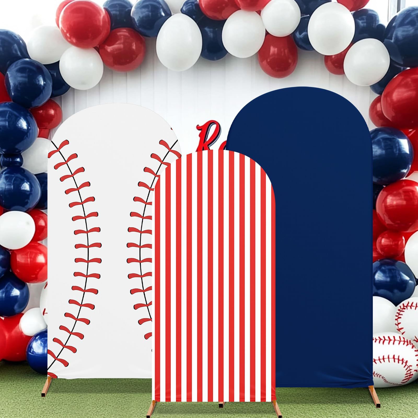 RimCereal 3 Set Baseball Theme Arch Backdrop Stand Covers Sport Background Arched Stretchy Fabric Backdrop Cover For Boys Birthday Baseball Party Deco