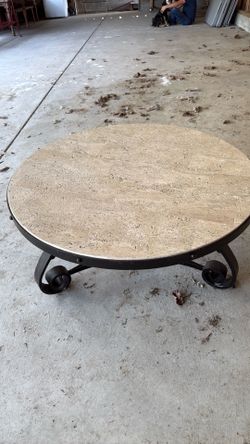 Hooker travertine and metal scroll coffee table
