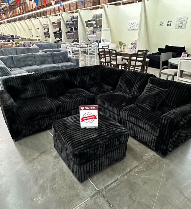 Stylish Black Sectional Sofa With Ottoman Fur- Like Fabric 