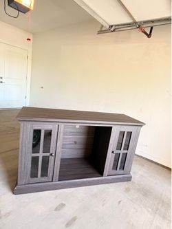 Dark Wood Grain TV Stand with Glass Doors