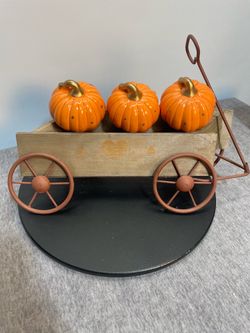 Fall Harvest Wagon Decor with Ceramic Pumpkins