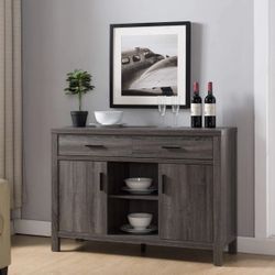47"W Sideboard Storage Cabinet Cupboard Buffet Table w/ Two Drawers & Open Shelves - Distressed Grey