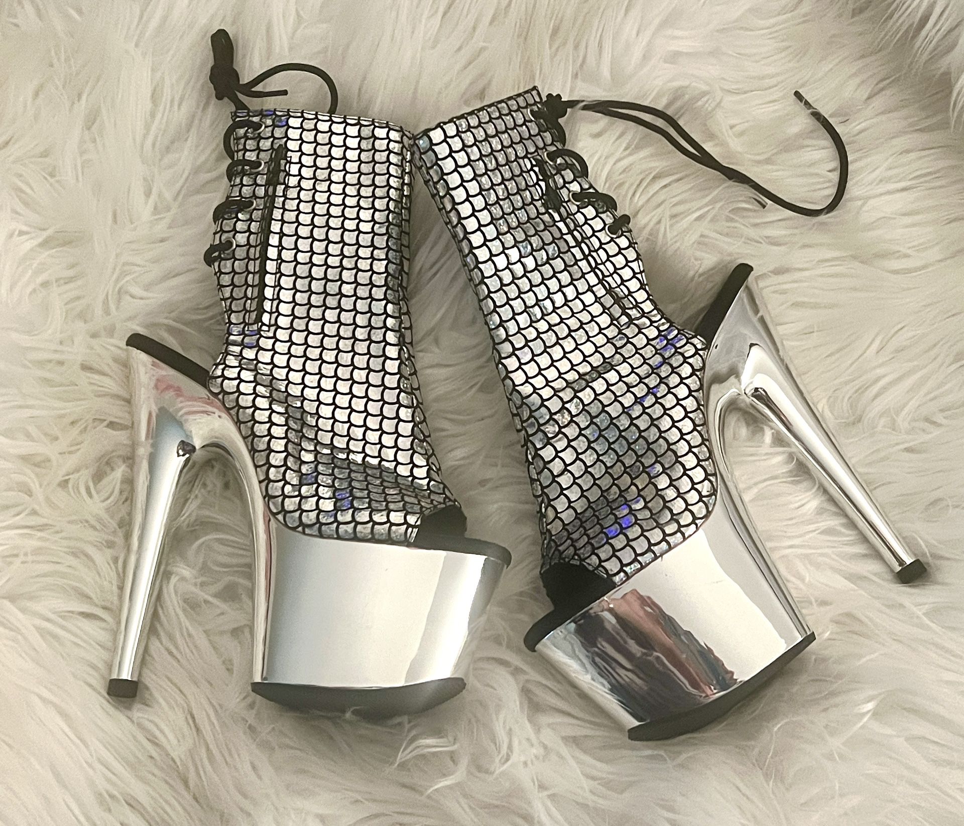 Pleaser Adore Silver Holo Peep-Toe Zip & Lace-up Stiletto Booties!