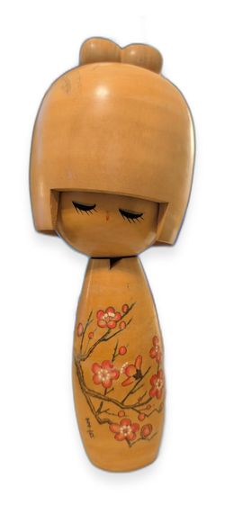 Vintage Japanese Kokeshi Doll, Tall Pale Wood, Plum Branch, Signed but Unattributed