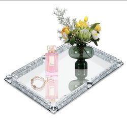 Large Silver Mirror Crystal Perfume Tray, Crushed Diamond Filled Glass Vanity Jewelry Trinket Trays, Cosmetic Makeup Vanity Organizer, For Home Decora