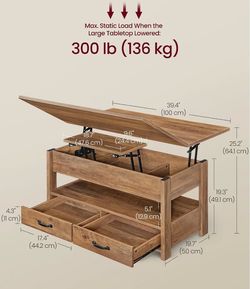 VASAGLE Lift Top Coffee Table 3 in 1 Center Table w/ Storage & 2 Drawers - Honey Brown