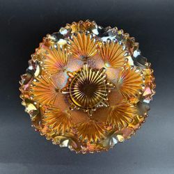 Antique Imperial Marigold Shell & Sand Carnival Glass Crimped Bowl - 7 5/8"