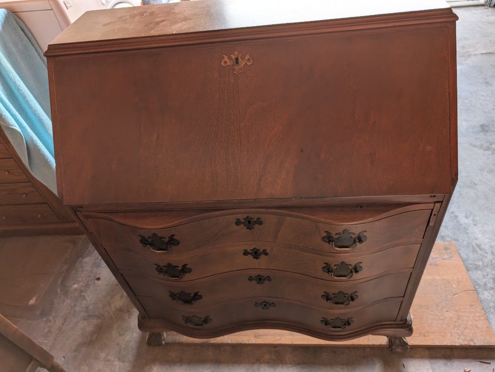 Antique Chippendale Mahogany Oxbow Drop Front Secretary Desk