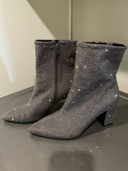 Rhinestone Embellished Ankle Boots with Block Heel