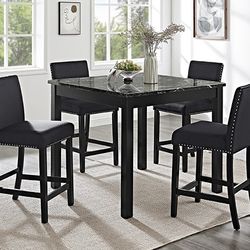 🥊 Dining Set 5 Pc, Black Faux Marble Top, Black Velvet Chairs, Counter Height,  New In The Box.