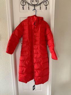 NEW Women's Long Red Puffer Coat with Fur Hood