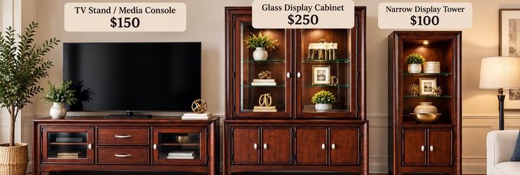 Beautiful dark cherry wood TV stand / entertainment console with a classic, elegant design.  Features:  * Two glass-front storage cabinets * Two spaci