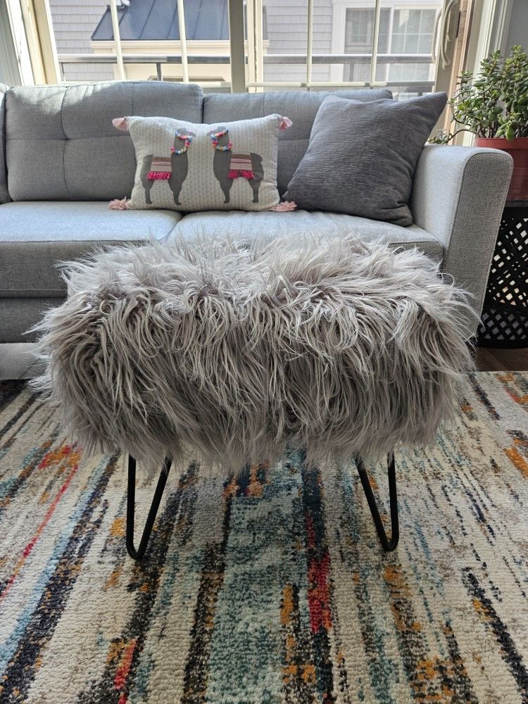 Grey Fuzzy Mid-Century Modern Ottoman