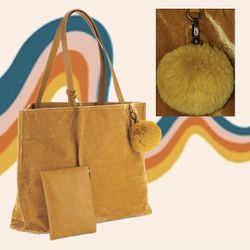 OK Crushed Velvet Bag Wristlet Pom Mustard Yellow NWOT 20”