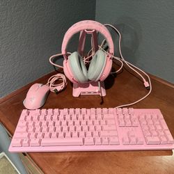 Pink Razer Keyboard, Mouse, Headset And Stand 
