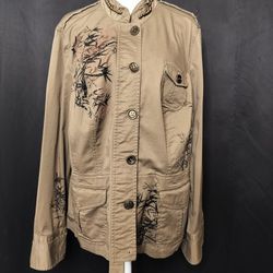 Lane Bryant Venezia Vintage Khaki Olive Cotton Asian Motif Jacket  (Size 14/16)