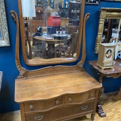 Antique Low 3 Drawer Dresser And Mirror 