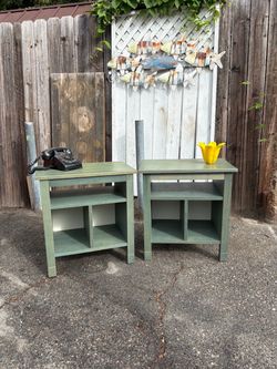Pair of Green Wood Nightstands with Shelves