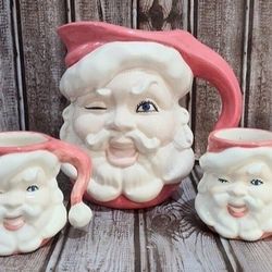Vintage Jamar Mallory Winking Santa Pitcher 4 Mugs Christmas Holiday Ceramics