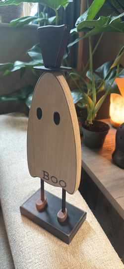 Wooden Halloween Ghost Figurine with Top Hat