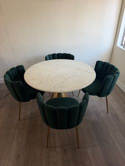 Emerald Green Velvet Dining Set with White Marble Table
