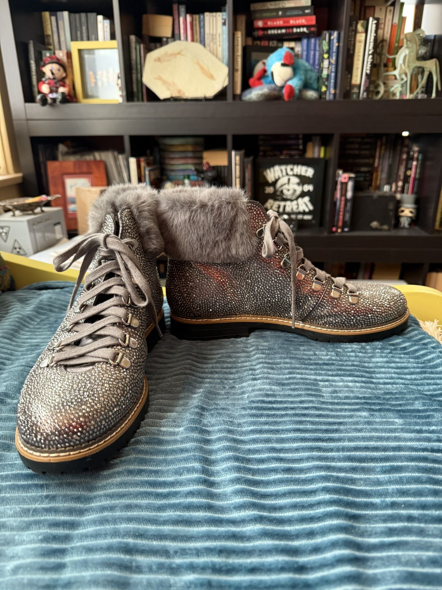 Sparkly Gray Fur-Lined Ankle Boots