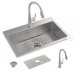 Cursiva 18-Gauge Stainless Steel 33 in. Single Bowl Drop-In Kitchen Sink with Faucet