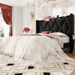 Queen Size Bed Frame with Storage Headboard & Smart Charging Station Velvet Upho