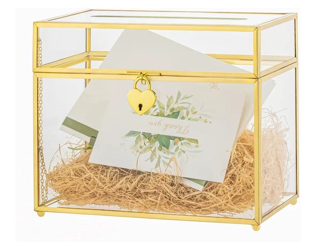 New Glass Wedding Card Box with Slot and gold heart shaped Loc