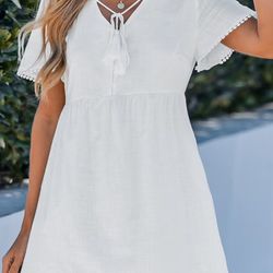 Cupshe Women's White Cotton Mini Dress W/ Tassel Tie Large 