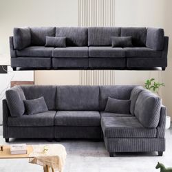 Oversized Deep Seat Modular Sectional Sofa Cloud Couch with Movable Ottoman, Modern Corduroy Upholstered Convertible L Shaped Corner Sofa&Couches with