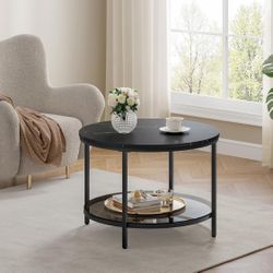 Round Coffee Table, Small Coffee Table with Faux Marble Top and Glass Storage Shelf, 2-Tier Circle Coffee Table, Modern Center Table for Living Room, 