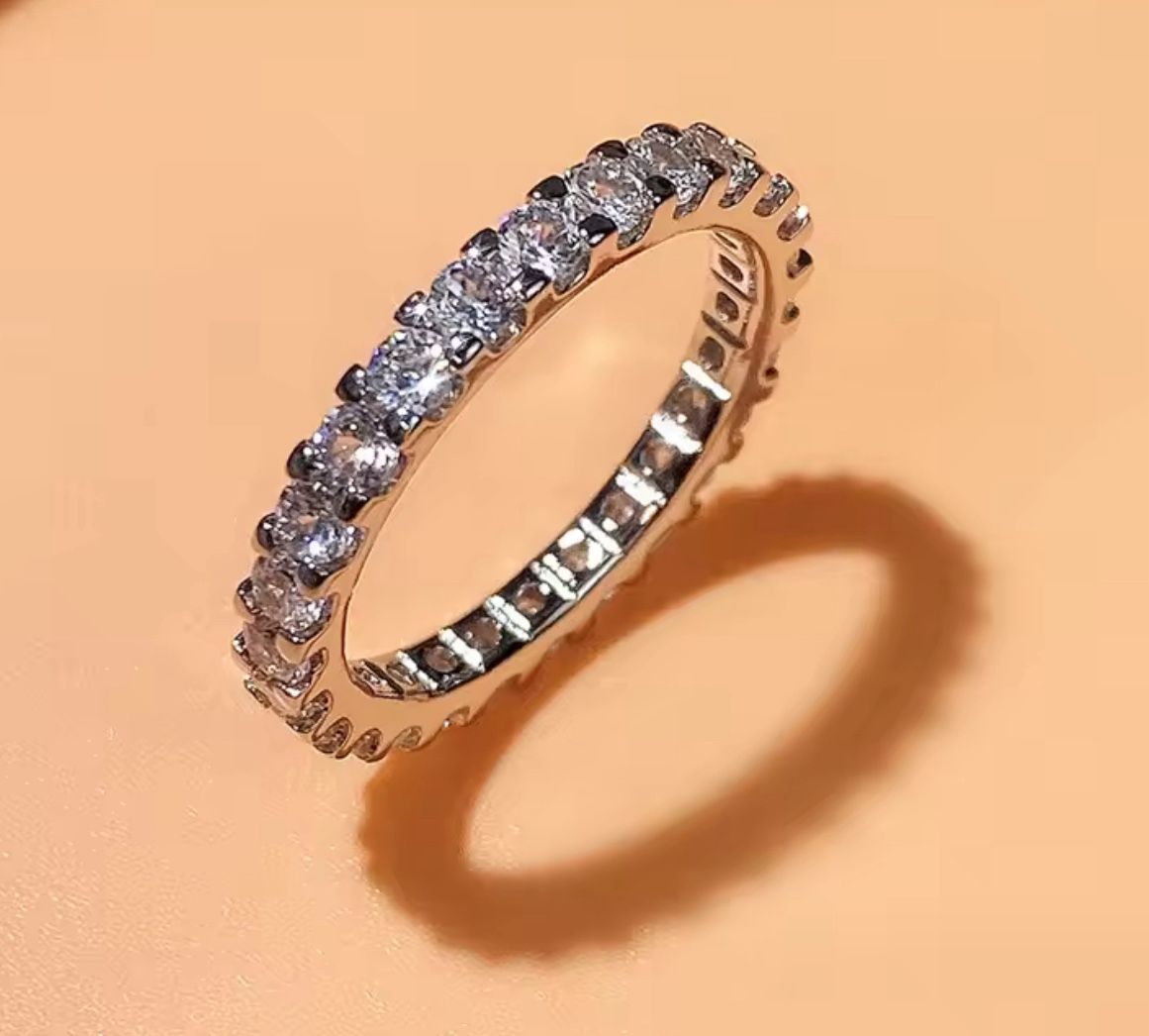 Thin Finger Rings Silver Color Band with Shiny Cubic Zirconia 6